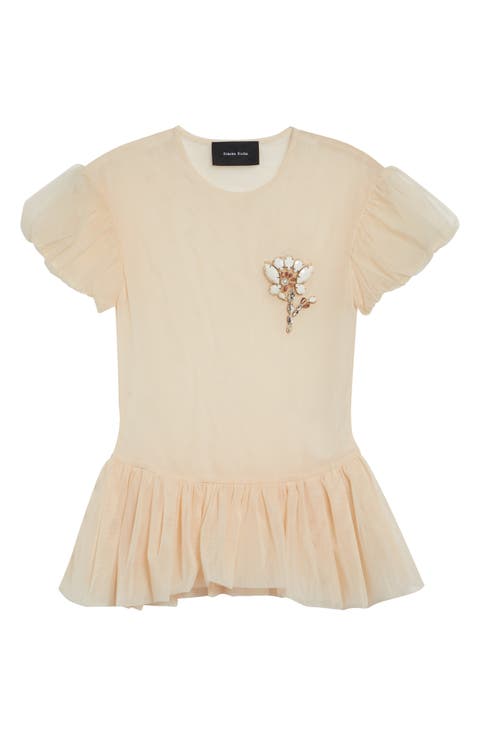 Floral Embellished Sheer Tulle Peplum Top