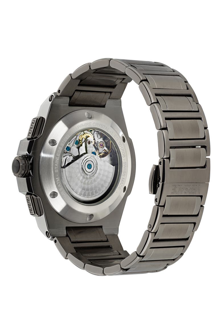 Greca Extreme Skeleton Dial Automatic Chronograph Bracelet Watch, 43mm, Alternate, color, BLUE/ IP GUNMETAL