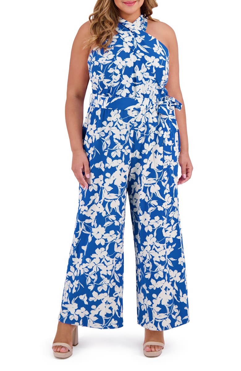 London Times Halter Neck Jumpsuit, Main, color, Blue/ White