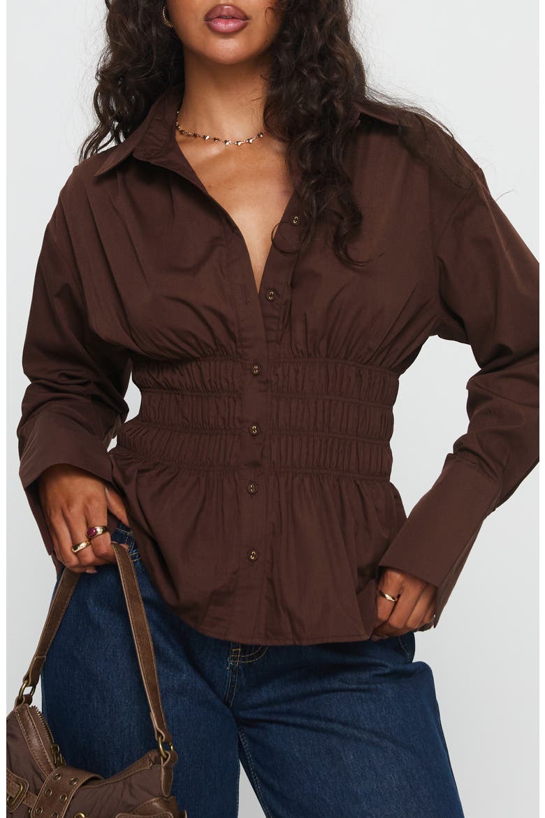 As You Are Shirred Button-Up Shirt, Main, color, CHOCOLATE