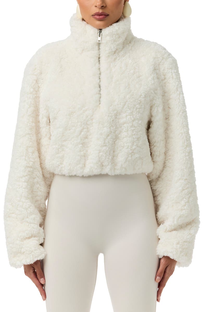 Naked Wardrobe Faux Shearling Quarter Zip Crop Pullover, Alternate, color, Ivory