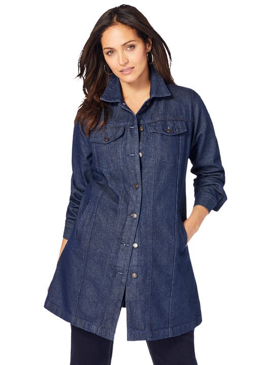 Jessica London Long Denim Jacket In Blue