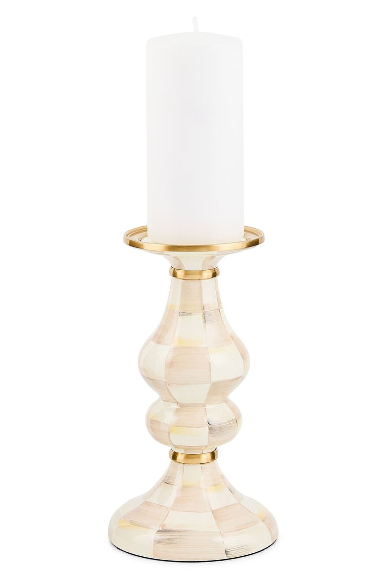 Mocha Check Medium Pillar Candleholder, Alternate, color, BEIGE/WHITE