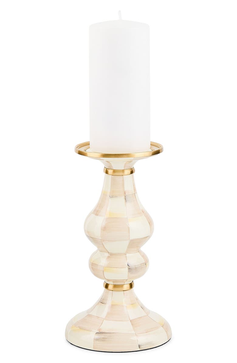 MACKENZIE CHILDS Mocha Check Medium Pillar Candleholder, Alternate, color, Beige/White