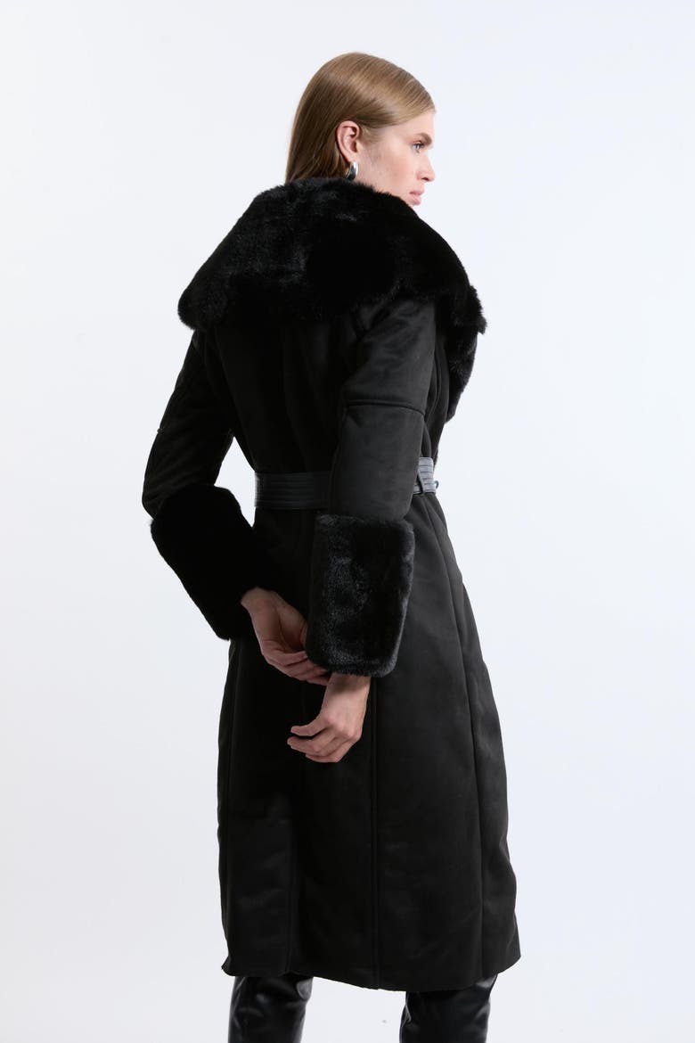Faux Shearling Belted Midi Coat, Alternate, color, Black