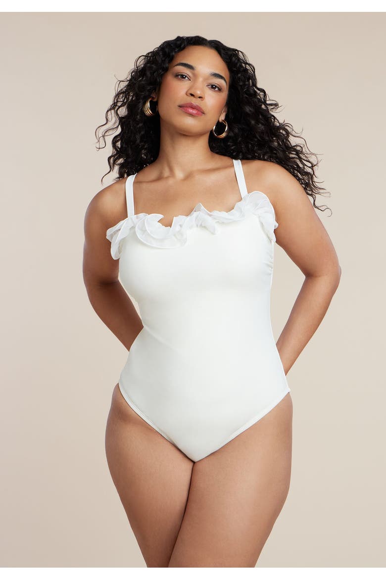 Patbo X Eloquii Ruffle Detail One Piece Swimsuit, Alternate, color, COCONUT MILK