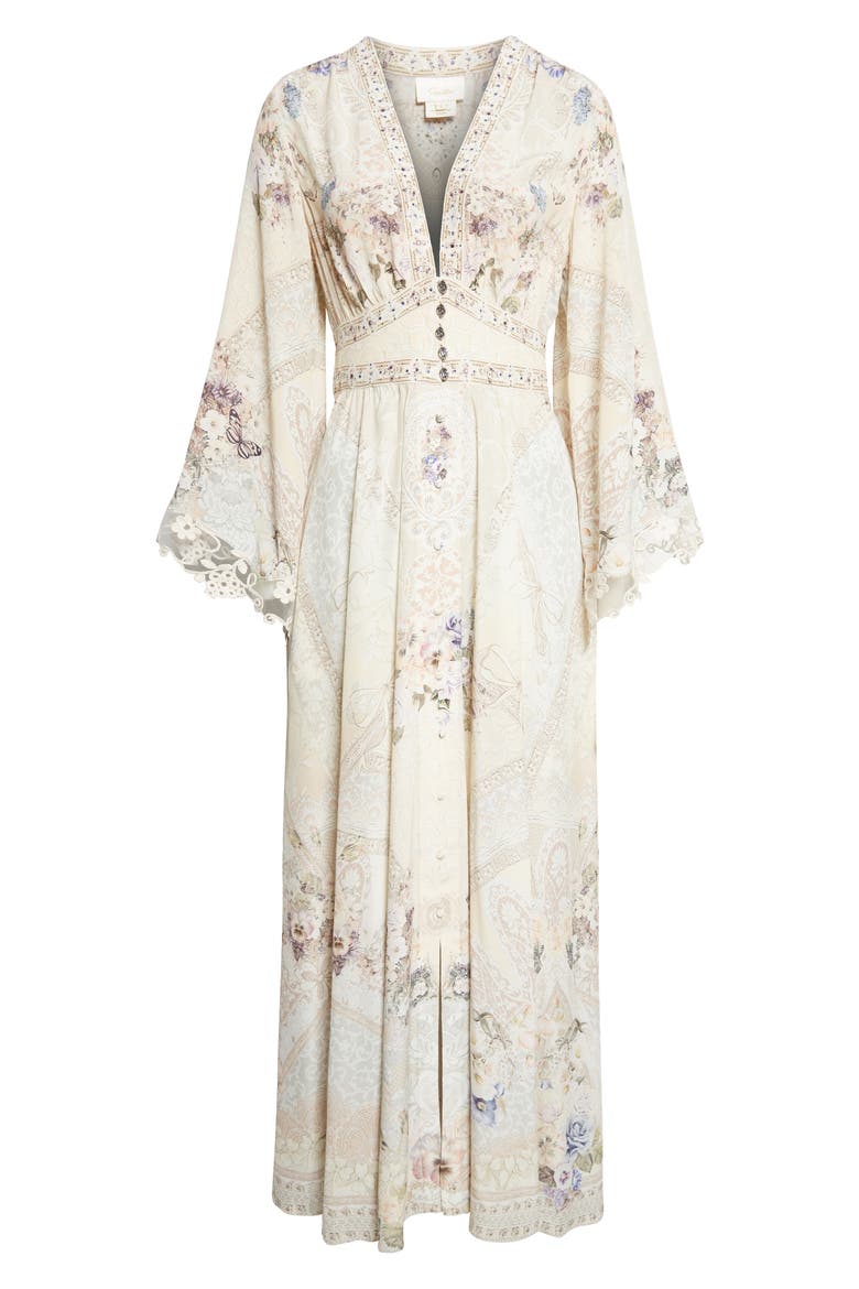 Floral Print Lace Trim Long Sleeve Silk Maxi Dress, Alternate, color, LACED WITH LOVE