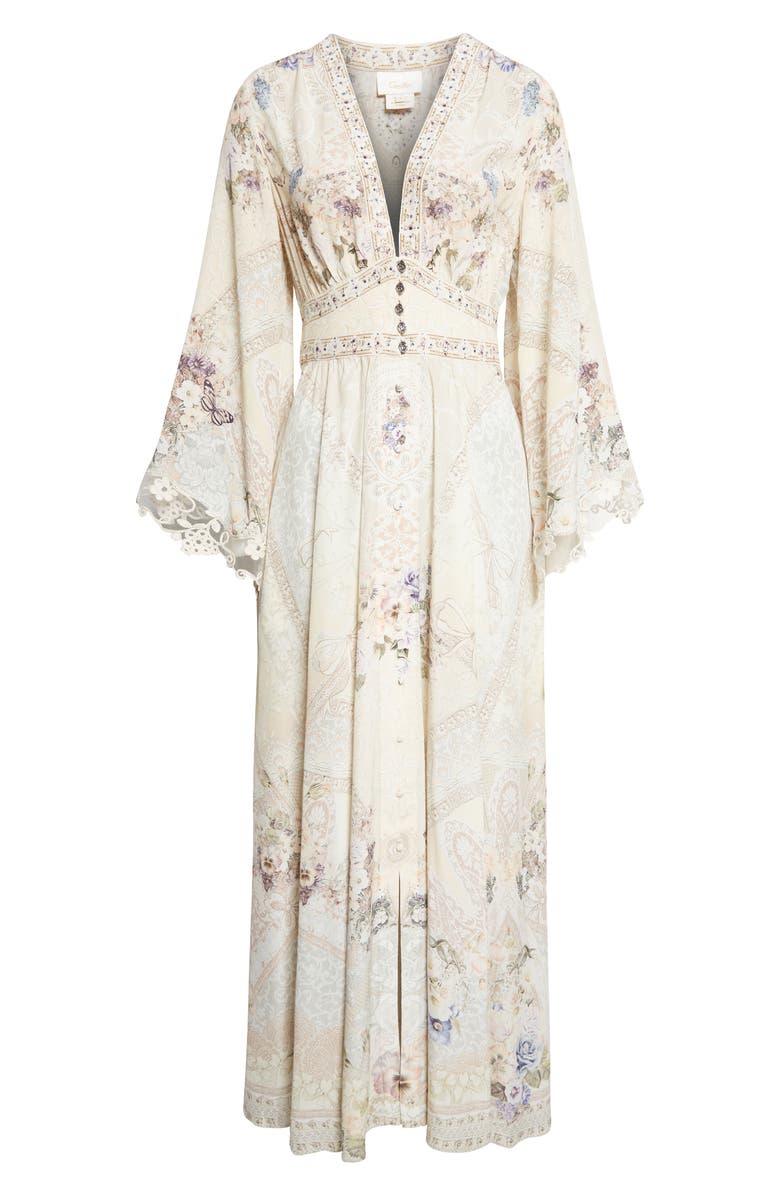 Camilla Floral Print Lace Trim Long Sleeve Silk Maxi Dress, Main, color, Laced With Love