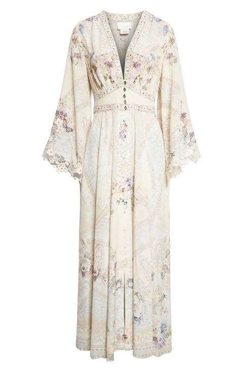 Floral Print Lace Trim Long Sleeve Silk Maxi Dress