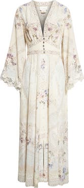 Camilla Floral Print Lace Trim Long Sleeve Silk Maxi Dress