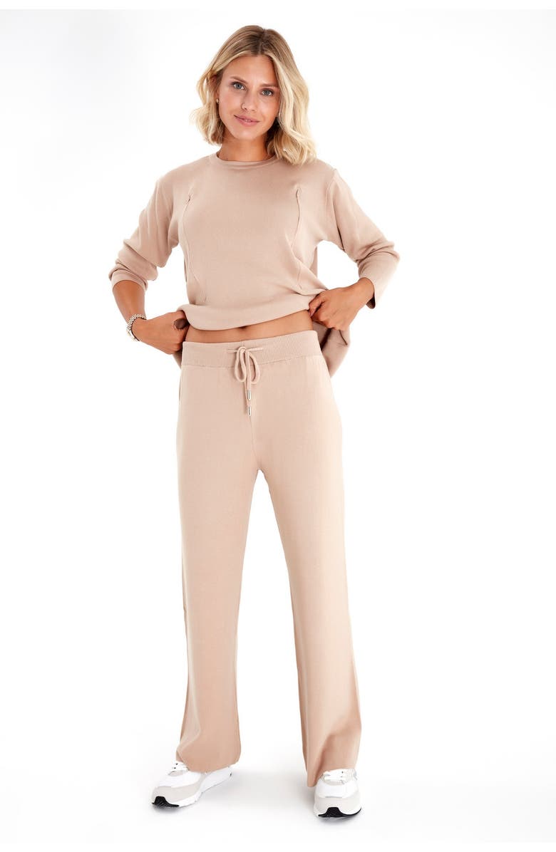Accouchée Effortless Elegance Set with Rib Side Zip Long Sleeve Top & Lounge Pants, Alternate, color, Beige
