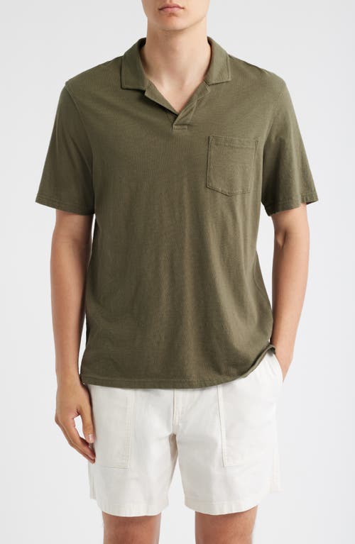 Treasure & Bond Lived In Johnny Collar Slub Cotton Pocket Polo in Olive Night 
