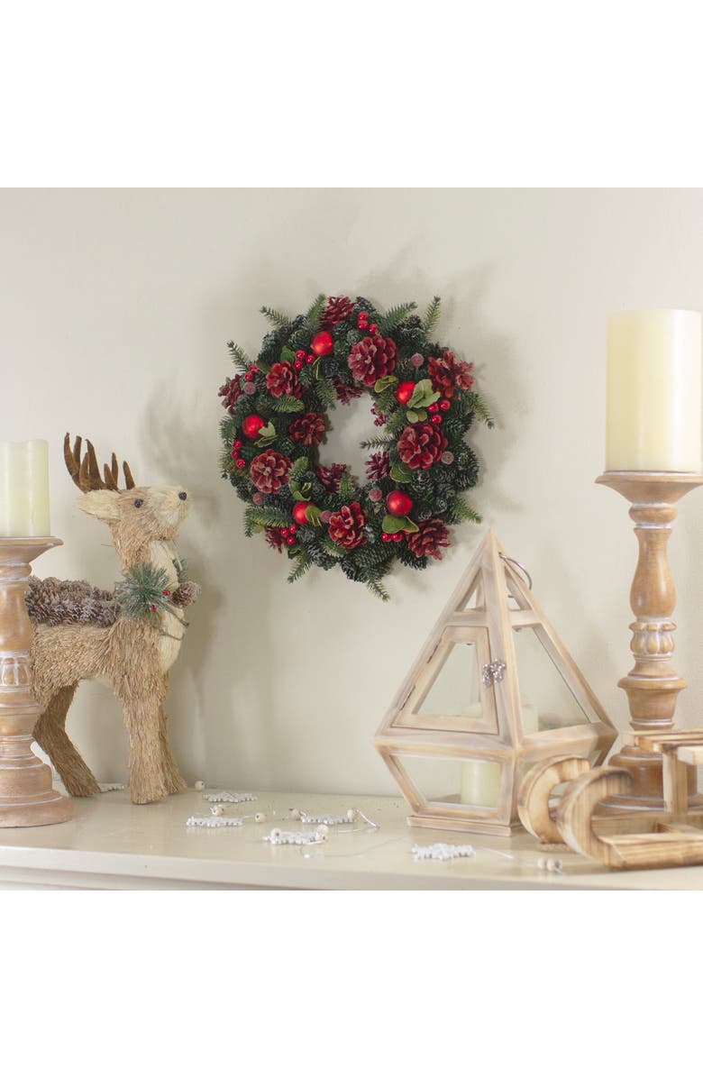 Northlight Red Pine Cones and Ornaments Christmas Wreath, 13" - Unlit, Alternate, color, Green