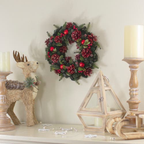 Northlight Red Pine Cones And Ornaments Christmas Wreath, 13" In Multi
