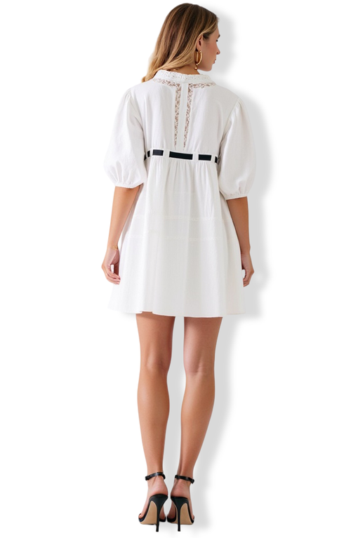 Modenaire Mini Babydoll Dress With Lace Collar, Puff Sleeves And Ribbon Bow Tie In White