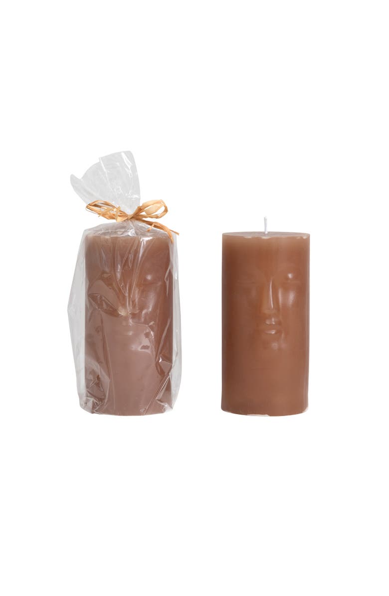 Storied Home Unscented Face Pillar Candle, Main, color, Brown