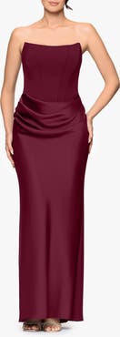 Betsy & Adam Strapless Mixed Media Gown