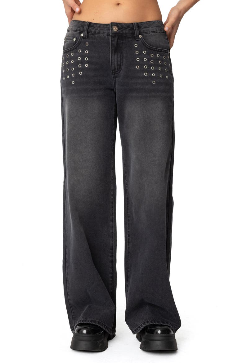 Grommet Low Rise Baggy Wide Leg Jeans, Main, color, BLACK