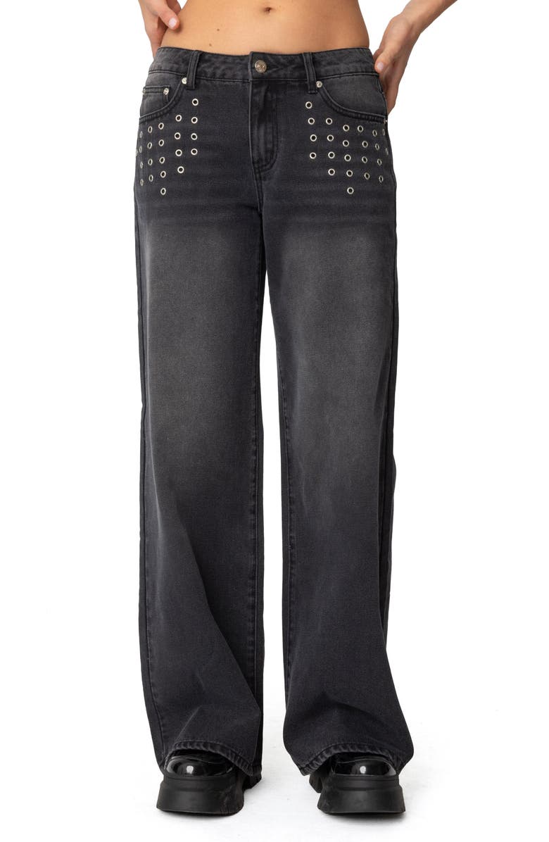 EDIKTED Grommet Low Rise Baggy Wide Leg Jeans, Main, color, Black