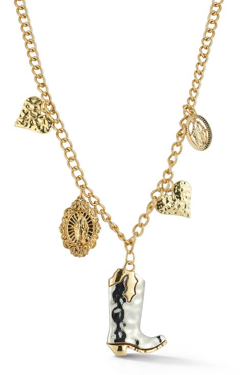 Two Tone Cowboy Boot Pendant Necklace