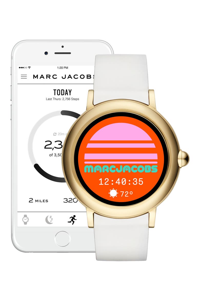 Marc Jacobs Riley Silcone Strap Smart Watch, 44mm, Alternate, color, WHITE/ GOLD