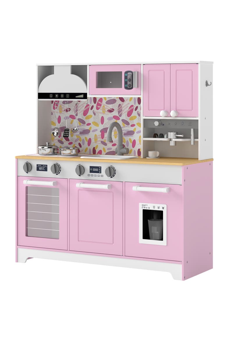 Kids Play Kitchen Set with Sink, Stove, Coffee Maker, Ice Maker, Oven, White, Main, color, Pink