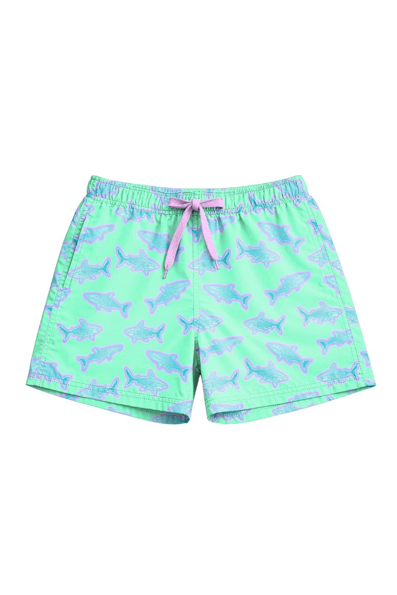 Boys Neon Sharks Print Board Shorts, Main, color, Multicolor
