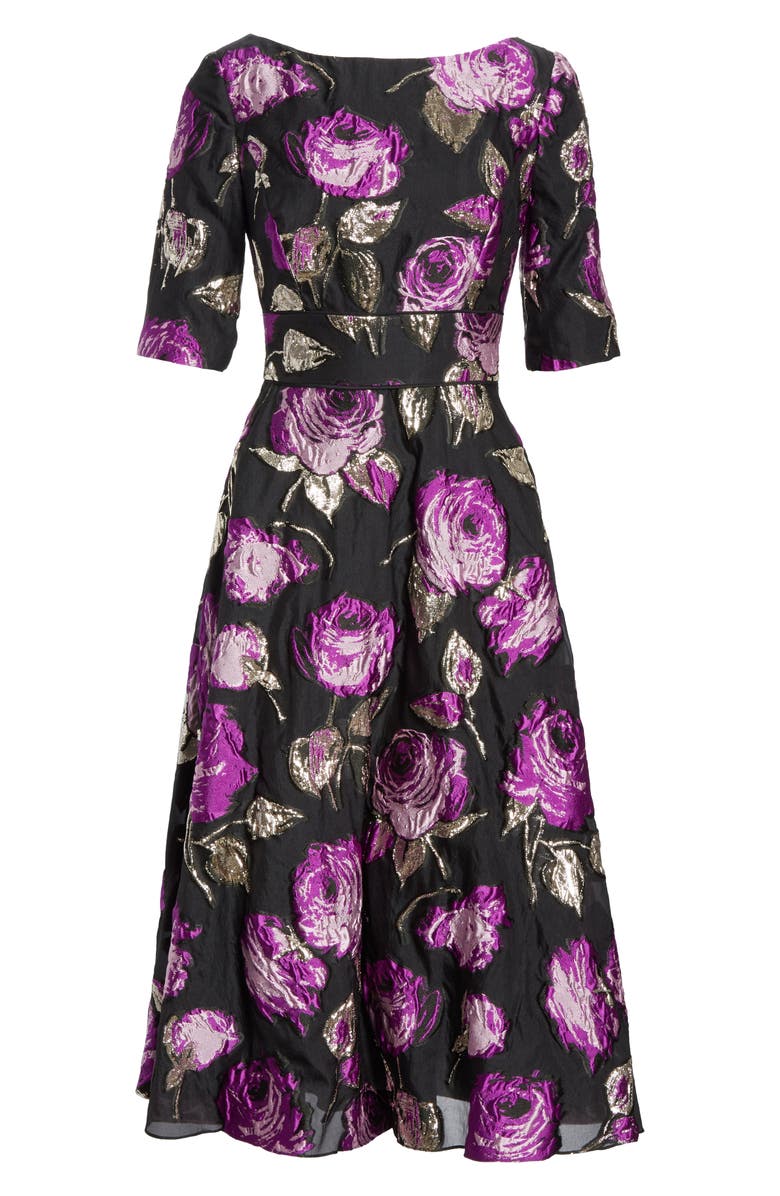 Lela Rose Metallic Floral Fil Coupé Fit & Flare Dress, Alternate, color, 