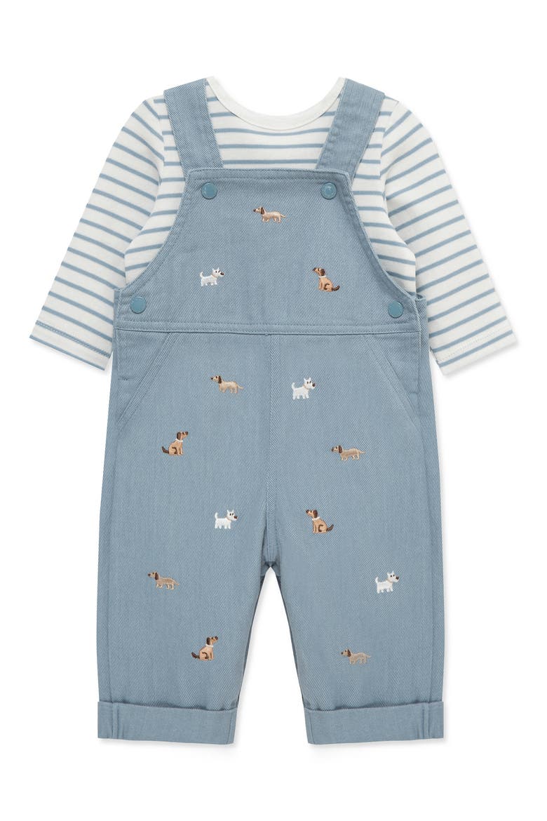 Doggies Embroidered Overalls & T-Shirt Set, Main, color, BLUE