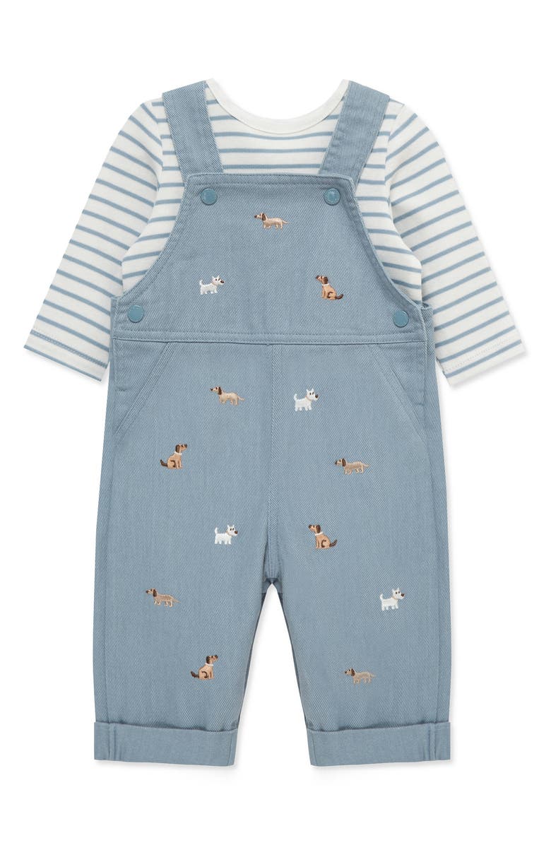 Little Me Doggies Embroidered Overalls & T-Shirt Set, Main, color, Blue