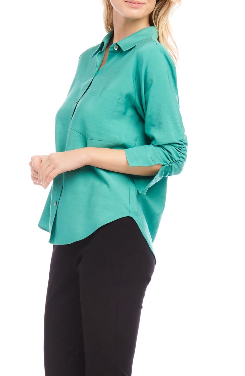 Karen Kane Ruched Sleeve Button-Up Shirt, Alternate, color, Gls