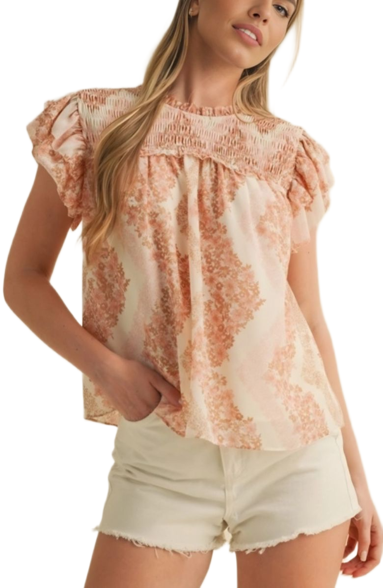 Knit and Lounge Smocked Ruffle Sleeve Lightweight Relaxed Fit Top, Alternate, color, Soft Pink Floral