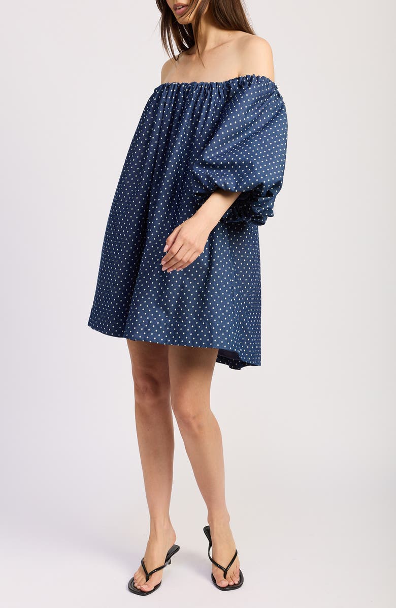 En Saison Dover Off the Shoulder Balloon Sleeve Trapeze Minidress, Alternate, color, Dark Chambray White