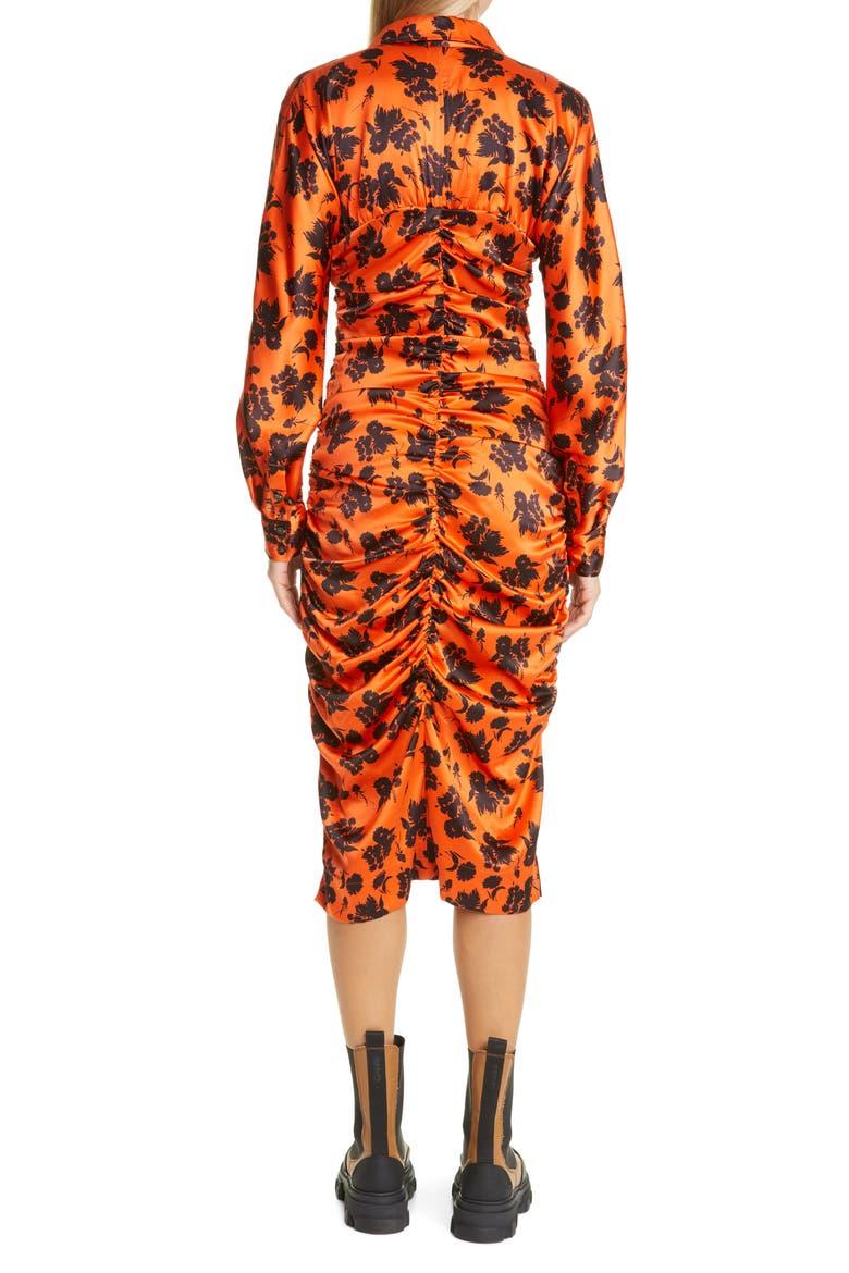 Floral Print Ruched Long Sleeve Stretch Silk Satin Dress, Alternate, color, FLAME
