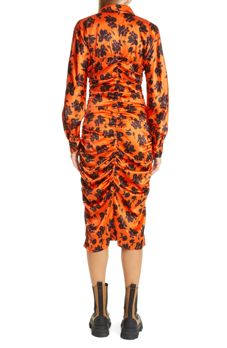 Ganni Floral Print Ruched Long Sleeve Stretch Silk Satin Dress, Alternate, color, Flame