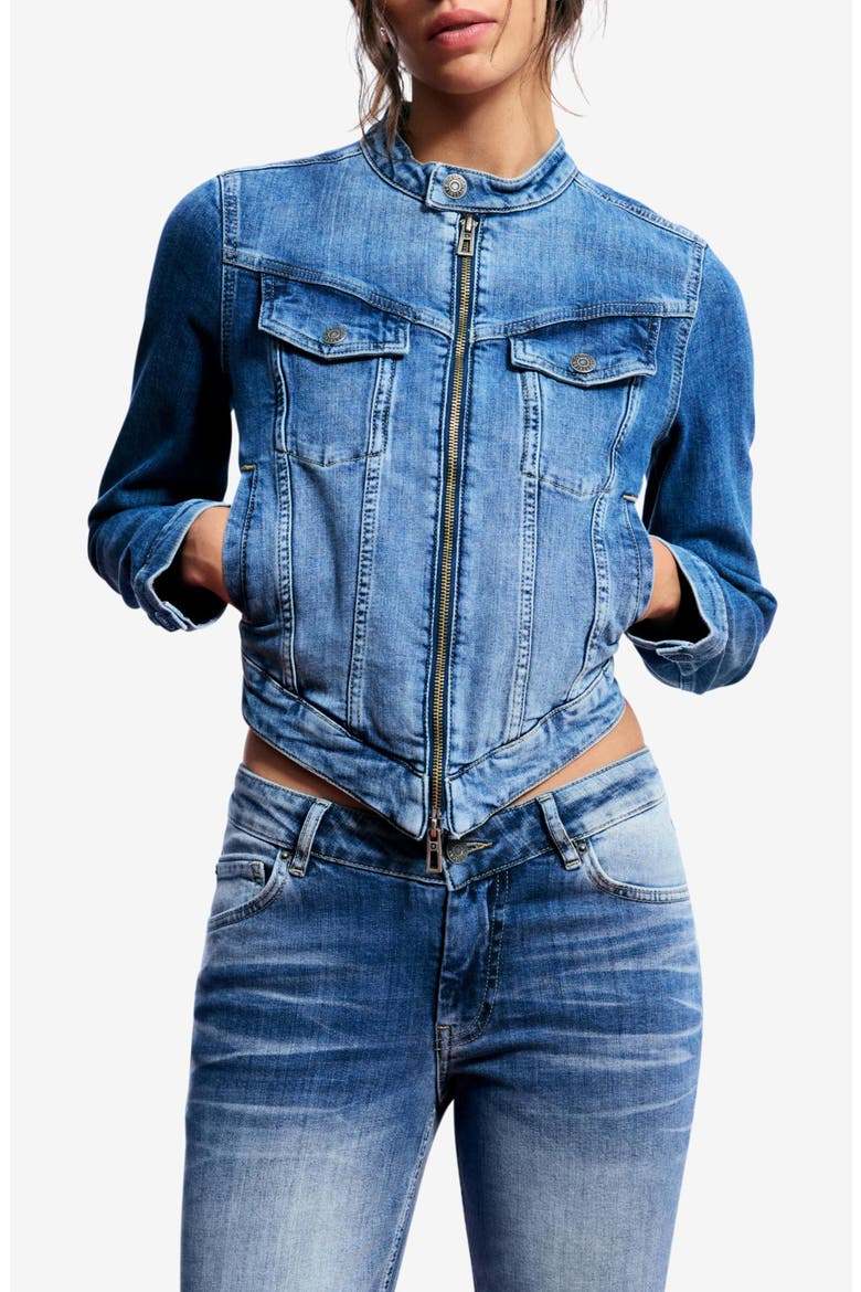 Asymmetric Stretch Denim Jacket, Main, color, MEDIUM BLUE