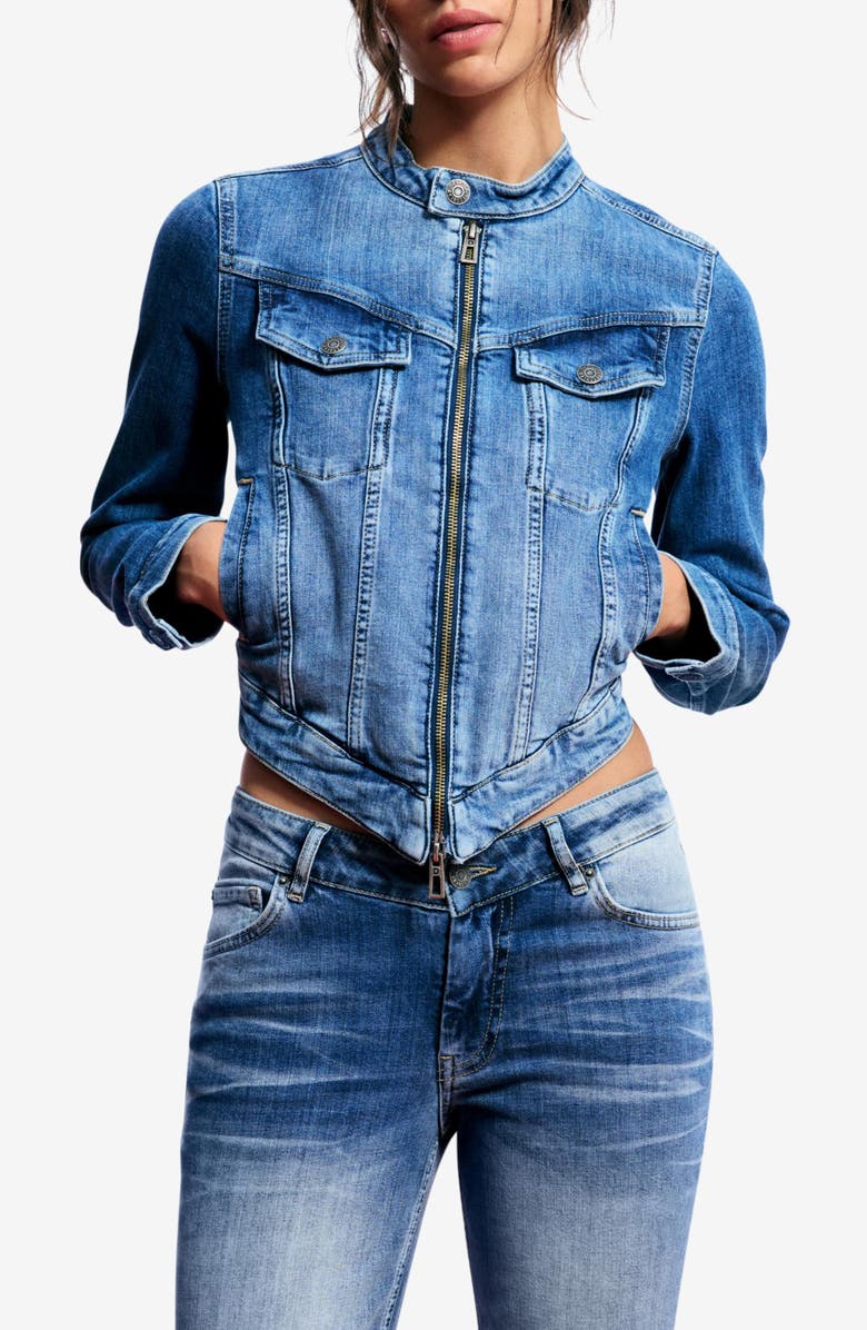 Desigual Asymmetric Stretch Denim Jacket, Main, color, Medium Blue
