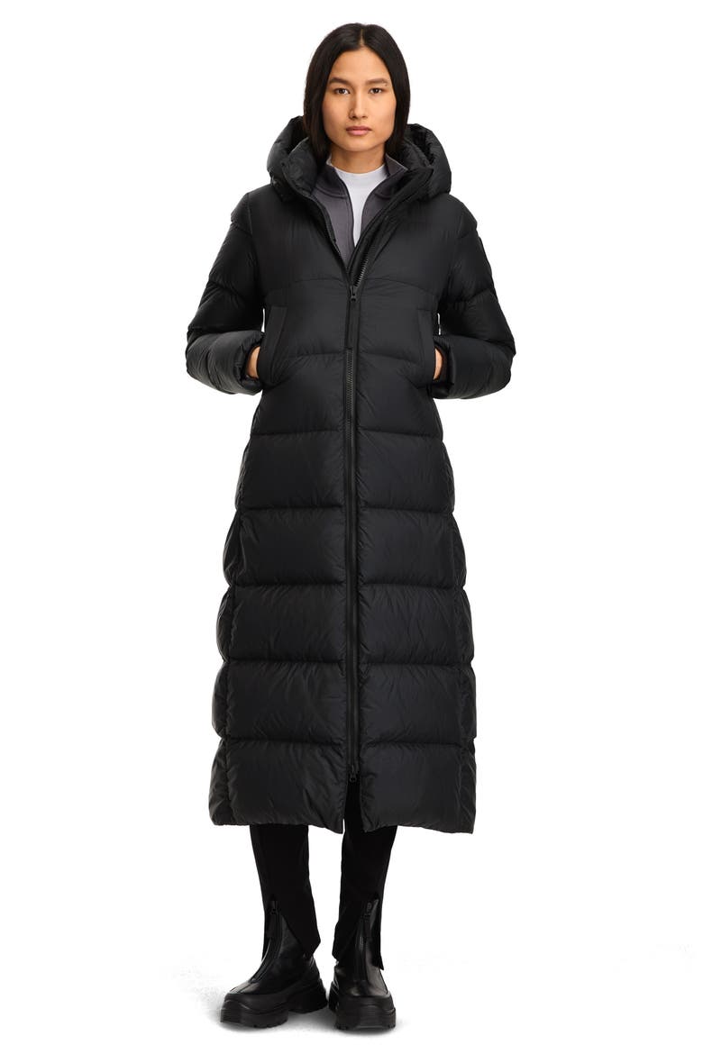 Mystique Tonal Label 750 Fill Power Down Long Puffer Coat, Main, color, BLACK