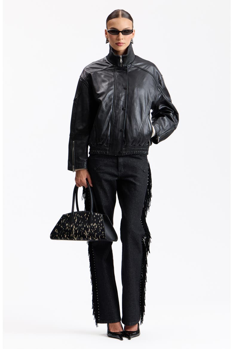 Funnel Neck Oversized Leather Bomber Jacket, Alternate, color, BLACK