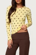 EDIKTED Maricelle Polka Dot Long Sleeve Stretch Cotton Top