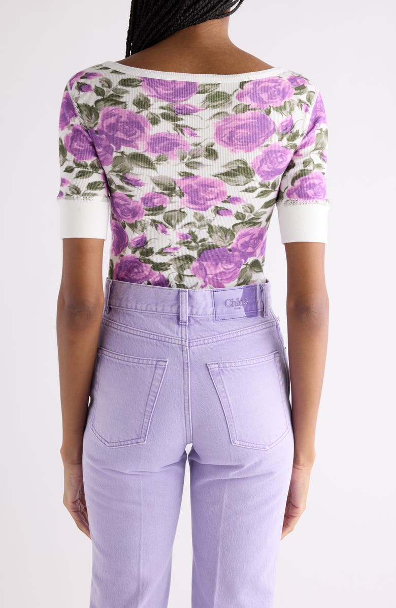 Chloé Rose Print Rib Jersey Henley, Alternate, color, White - Purple