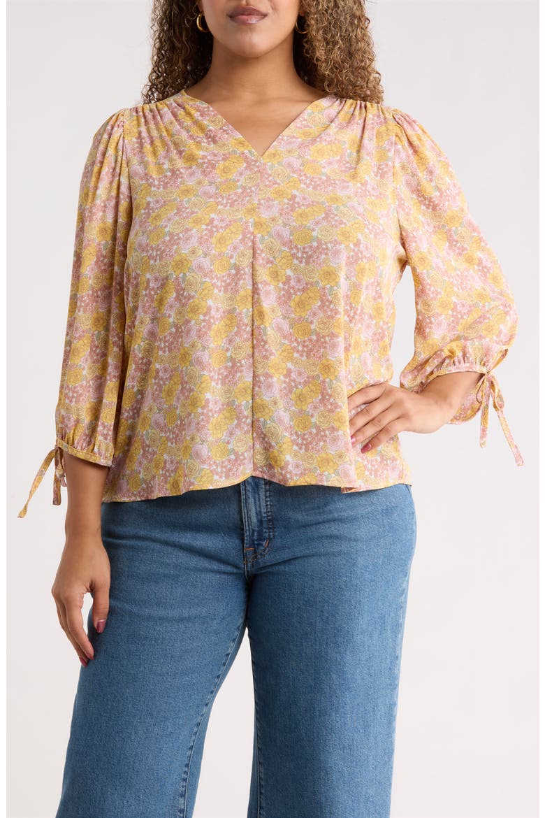 Floral Tie Cuff Top, Main, color, YELLOW