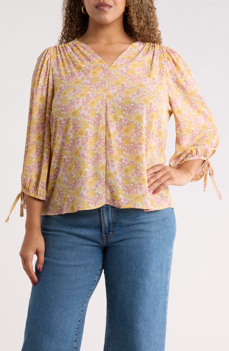 Renee C Floral Tie Cuff Top, Main, color, Yellow