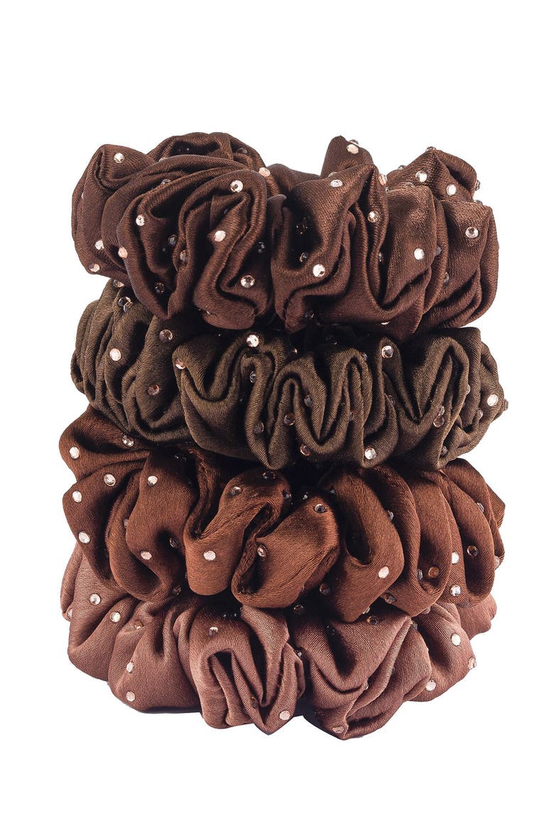 Luxury silk Scrunchies Set of 4 with Free Pouch - Brown Crystal Gift Set, Main, color, Brown