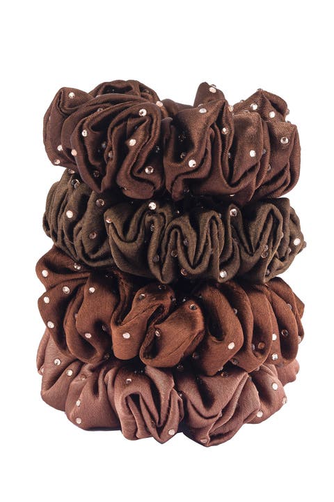 Luxury silk Scrunchies Set of 4 with Free Pouch - Brown Crystal Gift Set