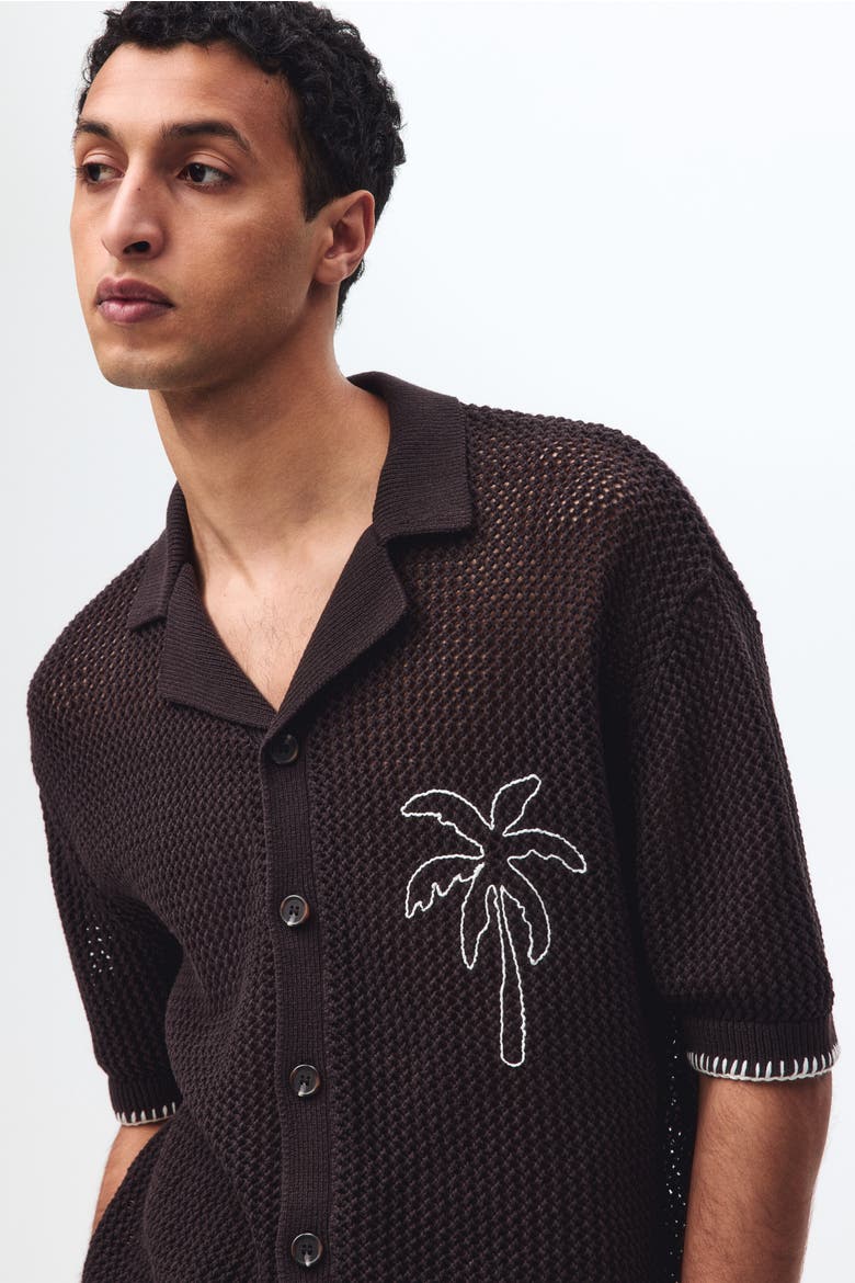 Relaxed Fit Hole-knit Resort Shirt, Alternate, color, Dark brown/palm tree