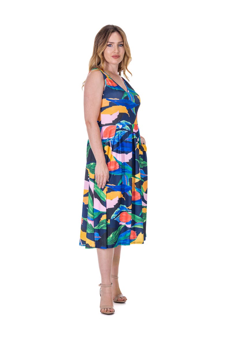 Midi Length Multicolor Sleeveless Pleated Pocket Dress, Alternate, color, Navy Multi