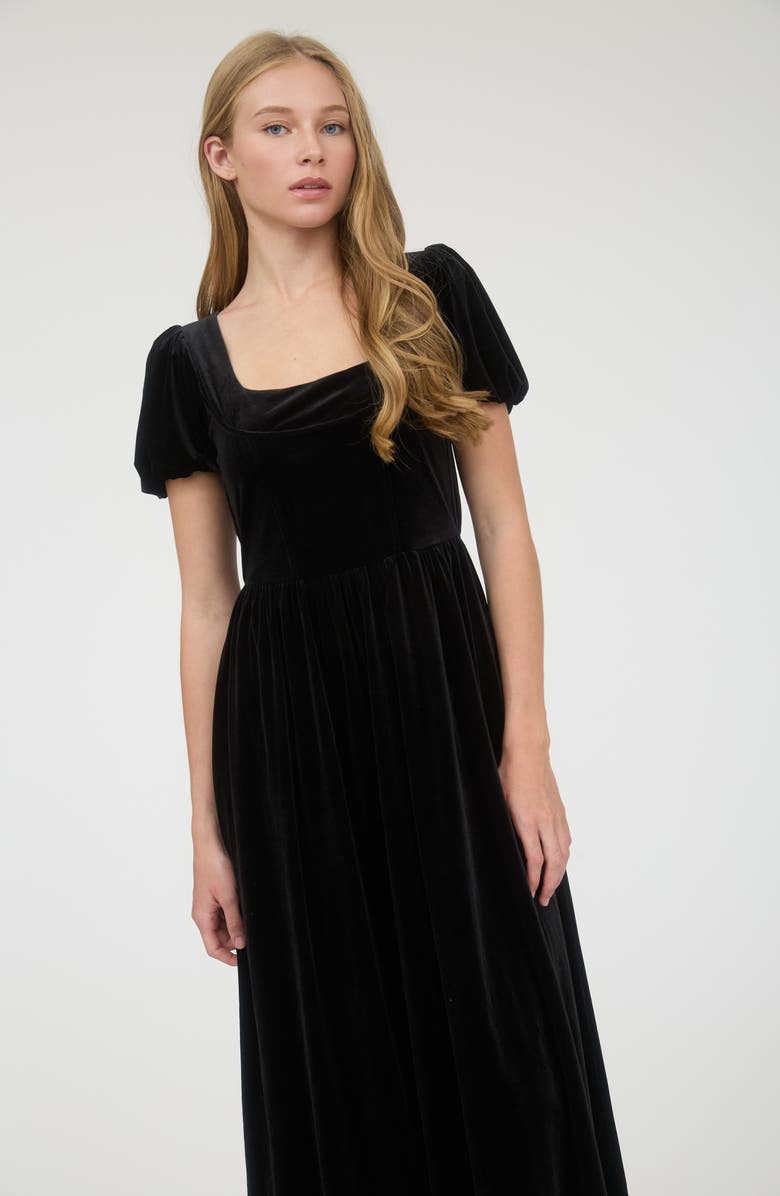 AUGUST SKY Puff Sleeve Velvet Fit & Flare Midi Dress, Alternate, color, Black