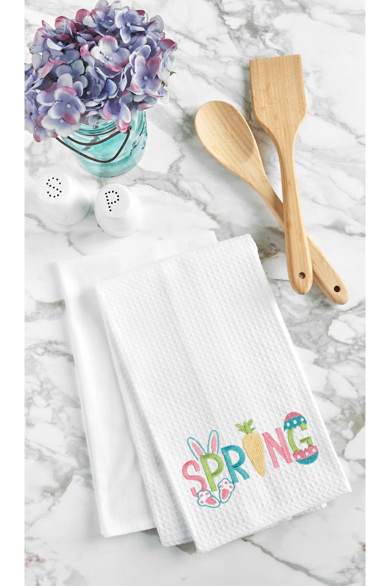 "Spring" Easter Egg Bunny Rabbit Embroidered Cotton Waffle Weave Kitchen Dishtowel, Alternate, color, White