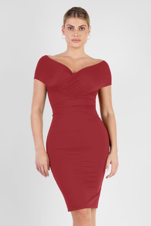 Popilush Shapewear Ruched Off-shoulder Sculpting Midi Dress In Maroon